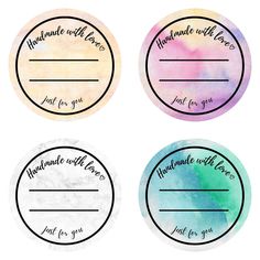 four watercolor labels with the words, handmade with love and just for you