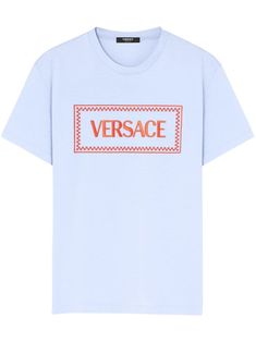 light blue cotton embroidered logo crew neck short sleeves straight hem Versace 90s, 90s Logo, Versace Blue, Versace T Shirt, Versace Logo, Latest T Shirt, Blue And Orange, Embroidered Tshirt, Versace Men