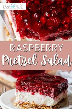 raspberry pretzel salad on a white plate with the title overlay