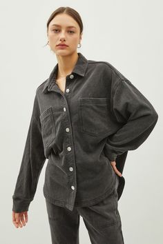 Ultra soft, denim look shacket with oversized cut, chest pockets, and a rounded hemline. 85% COTTON 15% POLY Crop Top Sweater, Leather Sleeve, Leather Vest, Floral Dress Summer, Mid Rise Jeans, Staple Pieces, Denim Shirt, Denim Wash, Stretchy Material