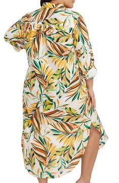 A tropical print puts you in a vacation state of mind in this breathable cotton cover-up dress finished with neat pintucks and a curved hem. Spread collar Long sleeves with roll-tab cuffs 100% cotton Hand wash, line dry Imported Multicolor Summer Shirt Dress For Beach, Summer Beach Printed Shirt Dress, Casual Tropical Print Beach Dress For Vacation, Casual Tropical Print Dress For Beach, Printed Shirt Dress For Vacation, Beach Multicolor Printed Shirt Dress, Tropical Floral Print Beach Dress For Day Out, Spring Beach Dresses With Palm Tree Print, Spring Beach Tunic Shirt Dress