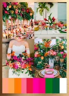 a collage of photos with flowers and greenery in different colors, including pinks, oranges, yellows, and green