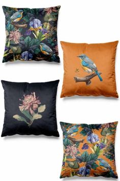 four pillows with birds and flowers on them in various colors, sizes and shapes are shown