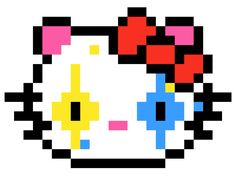 an image of a hello kitty face pixelated in black, yellow, red and blue