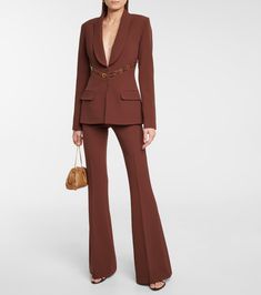 Safiyaa - Shannon chain-detail crêpe blazer | Mytheresa Tailored Brown Party Blazer, Tailored Brown Blazer For Party, Brown Tailored Blazer For Party, Chic Brown Party Blazer, Elegant Brown Party Blazer, Elegant Formal Blazer With Belt Loops, Off White Belt, Cape Blazer, Crepe Blazer