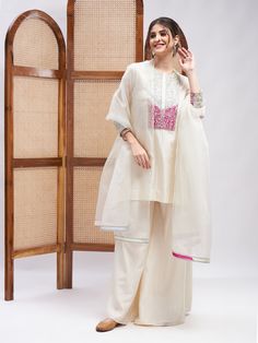 Off-White Cotton Mulmul Kurta Set with Dupatta at Kamakhyaa by RoohbyRidhimaa. This item is Casual Wear Mulmul Kurta, Kurta Set With Dupatta, Dupatta Style, Kurta Set For Women, Kurta Design, White Kurta, Casual Indian Fashion, Boutique Dress Designs, Indian Suits