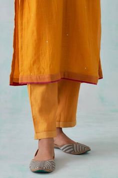 Mustard yellow chanderi kurta with sequin and thread embroidery. Paired with a cotton pant and chanderi dupatta. - Aza Fashions Festive Designer Chanderi Bottoms, Yellow Chanderi Kurta With Mirror Work, Traditional Pants With Gota Work For Diwali, Yellow Straight Kurta With Dori Work, Yellow Straight Kurta With Mirror Work, Traditional Bottoms With Dupatta For Summer, Festive Designer Bottoms With Gota Work, Chanderi Bottoms With Zari Work For Eid, Eid Straight Kurta Bottoms With Zari Work