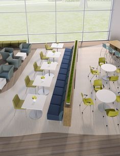 an artist's rendering of a cafeteria with tables, chairs and benches in it