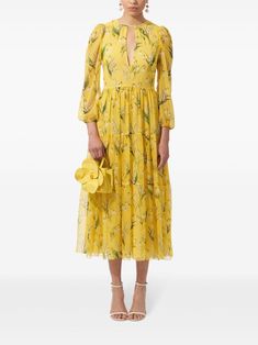 Carolina Herrera floral-print Chiffon Midi Dress - Farfetch Carolina Herrera Dress, Carolina Herrera Dresses, Long Sleeve Chiffon Dress, Print Chiffon Dress, Yellow Midi Dress, Floral Print Chiffon, Yellow Silk, Chiffon Midi Dress, City Dress