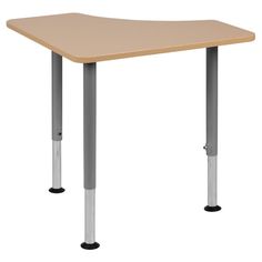 a wooden table with two metal legs and a square top on an isolated white background