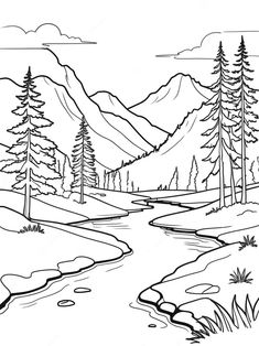 a drawing of a mountain river with trees and mountains in the background on a coloring book page