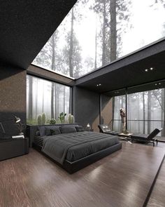 a large bed sitting in the middle of a bedroom next to a tall wooden floor