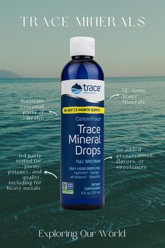 a bottle of Trace Minerals against a background of the ocean with description of its benefits (bonus - Liquid Magnesium, Ancient Minerals Magnesium Oil, Water For Health, Trace Minerals, Full Spectrum, Reverse Osmosis, Low Sodium, Metal Projects, Energy