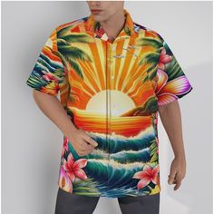 Step into paradise with our vibrant Tropical Sunset Hawaiian Shirt! This stunning shirt features a captivating tropical sunset with palm trees, hibiscus flowers, and an ocean wave design, seamlessly blended with patriotic American flag elements. The ideal choice for beach parties, summer vacations, or casual everyday wear, this shirt will make you stand out with its bold and colorful design. Features: Fabric: Made from a comfortable four-way stretch fabric (95% polyester and 5% spandex) for ulti Hawaiian Graphic Print Beach Season Shirt, Hawaiian Shirt With Graphic Print For Vacation, Hawaiian Short Sleeve Camp Shirt For Surfing, Summer Hawaiian Shirt For Surfing, Hawaiian Multicolor Top With All Over Print, Hawaiian Multicolor Tops With All Over Print, Hawaiian Printed Camp Shirt For Beach Season, Tropical Camp Shirt With All-over Print For Beach Season, Tropical All Over Print Tops For Beach Season