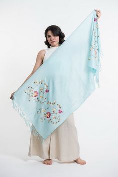 Luxury Chanderi Shawl, Luxury Elegant Pashmina Traditional Wear, Luxury Resham Embroidered Pashmina Shawl For Weddings, Luxury Elegant Scarves With Chikankari Embroidery, Pashmina Shawl Embroidery Hands, Blue Cotton Dupatta With Floral Embroidery, Blue Floral Embroidered Dupatta For Summer, Summer Blue Dupatta With Floral Embroidery, Embroidered Pashmina Silk Shawl Scarf