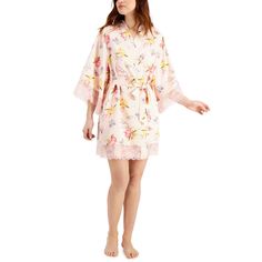 A Fresh Floral Print Combines With Pretty Lace Trim On Inc International Concepts Wrap Robe. Feminine Lace Sleepwear For Spring, Black Lace Trim Shorts, Embroidered Robes, Bridal Women, Lace Trim Shorts, Lace Wrap, Floral Robes, Floral Wraps, Floral Kimono