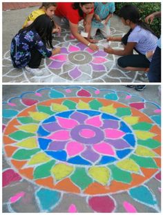 kids are drawing on the ground with chalk and colored pencils to make it look like they