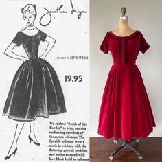 A Beautiful Early 1950s Party Dress! Made From A Rich Crimson Velveteen, This Classic Dress Features A Flattering Scoop Neckline, Short Sleeves, A Nipped Waist, And A Full, Pleated, Midi Length Skirt. It Features Contrasting Black Braided Trim Around The Collar, Cuffs, And Down The Front As Well As Functional Front Black Buttons. Side Metal Zipper Closure. I Found Several Newspaper Ads That Date The Dress To 1952, And It Was Also Featured In Seventeen Magazine! *Shown Styled With Petticoats Whic Red 1950s Style Evening Dress, Classic A-line Vintage Dress For Party, Vintage Tea Length Cocktail Dress, Vintage Tea-length Cocktail Dress, Red Vintage Dress For Formal Occasions, 1950s Style A-line Vintage Evening Dress, Red Vintage Dress For Vintage Events, 1950s A-line Vintage Evening Dress, Vintage Short Sleeve Dress For Party