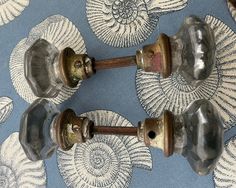 three glass door knobs with wood handles on a blue and white floral wallpaper