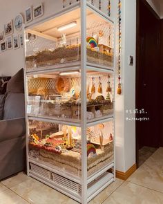 a display case filled with lots of different types of food in it's shelves