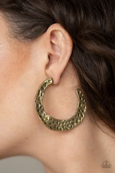 Radiating with hammered detail, an asymmetrical brass hoop curls around the ear for a casual look. Earring attaches to a standard post fitting. Hoop measures 2" in diameter. Brass Hoop Earrings, Brass Hoops, The Ear, Paparazzi Accessories, Copper Rings, White Rhinestone, Paparazzi Jewelry, Brass Earrings, Brass Chain