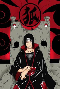 an anime character sitting on a chair in front of a red and black background