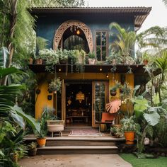 a house with lots of greenery and potted plants