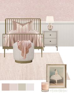 a bedroom with pink and white decor, including a baby's crib bed