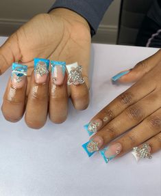 Short Set Nails Black Women, Medium Junk Nails, Bad And Boujee Nails Short, Mini Duck Nails, Duck Tip Acrylic Nails, Blue Duck Nails, Nail Ideas Black Women, Virgo Nails Designs, Short Junk Nails