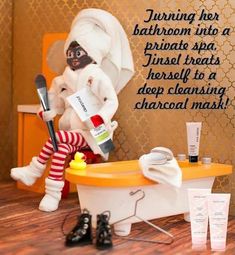 a doll is sitting in a bathtub with some personal care items