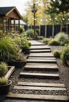 wooden steps lead up to a garden with potted plants and lights in the background