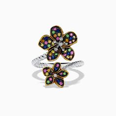 Effy Splash Sterling Silver Diamond and Mulit Sapphires Flower Ring Flower-shaped Multi-stone Ring For Anniversary, Elegant Multicolor Flower Ring For Anniversary, Multicolor Flower-shaped Anniversary Rings, Adjustable Multicolor Flower Ring, Diamond Multi-stone Flower Ring, Silver Flower-shaped Multi-stone Rings, Fine Jewelry Flower-shaped Multi-stone Rings, Elegant Multicolor Flower-shaped Rings, Yellow Gold Flower-shaped Rings With Multi-stone