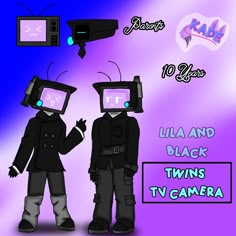 two people wearing virtual headsets standing in front of a tv screen with the caption lila and black twins tv camera