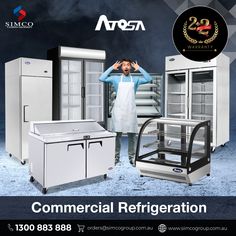 an advertisement for commercial refrigeration with a man standing in front of refrigerators