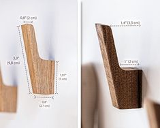 the measurements for a wooden object are shown in two different views, one with a wood handle