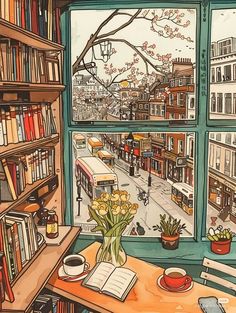 a painting of a window with a view of the street outside and bookshelves