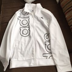 White With Black And White Writing Jacket Adidas, Adidas Zip Up, Adidas Windbreaker, Adidas Track Jacket, Adidas Girl, Adidas Jackets, Adidas White, Adidas Hoodie, Boys Jacket