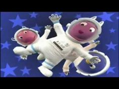 an animated image of two astronauts floating in the air with their hands up and arms out