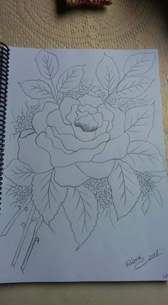 a drawing of a rose with leaves and buds on it's side by itself