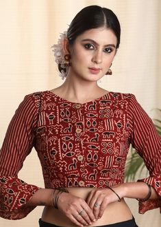 Ajrakh Blouse Designs Latest, Ajrakh Blouse Designs, Transitional Red Kalamkari Print Blouse Piece, Ajrakh Modal Silk Blouse Designs, Ajrak Print Blouse Design, Mirror Work Blouse