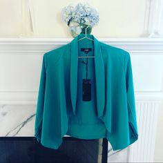 Teal Ish Green Asymmetrical Jacket Brand New Asymmetrical Blazer For Spring Formal, Asymmetrical Spring Blazer For Formal Events, Asymmetrical Spring Formal Blazer, Asymmetrical Blazer For Spring Formal Events, Chic Asymmetrical Spring Blazer, Chic Asymmetrical Blazer For Spring, Asymmetrical Spring Office Blazer, Spring Office Asymmetrical Blazer, Chic Asymmetrical Outerwear For Party