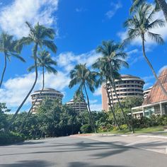 palm trees line the street in front of some buildings and blue sky with white clouds