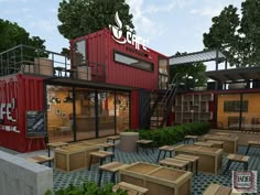 an animated rendering of a restaurant with tables and stools in front of red shipping containers