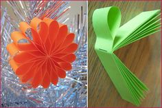 two pictures one has an origami flower and the other has paper flowers in it