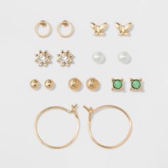 Two Balls, Two Circles, Flower, Pearl, Green Stone & Bow Earring Set - A New Day Gold Bow Earring, Shine Jewelry, The Gold Rush, Simple Stud Earrings, Packing Jewelry, Nickel Free Earrings, Hoop Earring Sets, Heart Drop Earrings, Bow Earrings