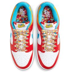 Excellent Previously Owned Condition. The Lebron James X Fruity Pebbles X Nike Dunk Low Pays Tribute To The Sugary Cereal Favored By The Generational Nba Star. Multicolor Laces Secure The Smooth Leather Upper, Featuring A White Base With Scarlet Overlays And A Powder Blue Swoosh. A Woven Fruity Pebbles Tag Decorates The Tongue, While Lebron’s Lj Logo Is Embroidered On The Heel Tab. Inside The Shoe, A Nike-Branded Sockliner Reveals A Fruity Pebble Graphic Print. A Milky Translucent Rubber Outsole Most Popular Nike Shoes, Lebron 4, Popular Nike Shoes, Fruity Pebble, Jordan 11 Women, Fruity Pebbles, Adidas Spezial, Nike Air Jordans, Sneaker Release