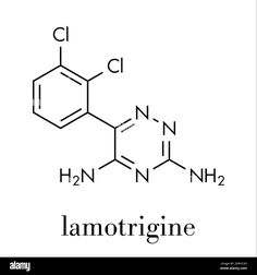 the chemical formula for lamotrigine is shown in black and white - stock image