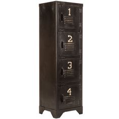 a metal locker with four drawers and numbers on the front, sitting against a white background