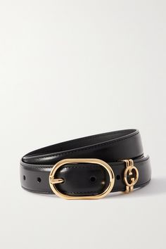 Gucci's belt is topped with the iconic 'GG' hardware in place of a traditional loop. It's crafted from black leather and has a cylindrical buckle. Wear it to elevate jeans or tailoring. Black Gg Belt, Luxury Gucci Belts, Gucci Belt For Sale, All Black Gucci Belt, Pearl Gucci Belt, Gucci Belt Vintage, Gucci Belt Silver, Gucci Belt Fake Vs Real, Original Gucci Belt