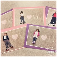 four photos of children laying on the ground with hearts drawn on them and one child lying down